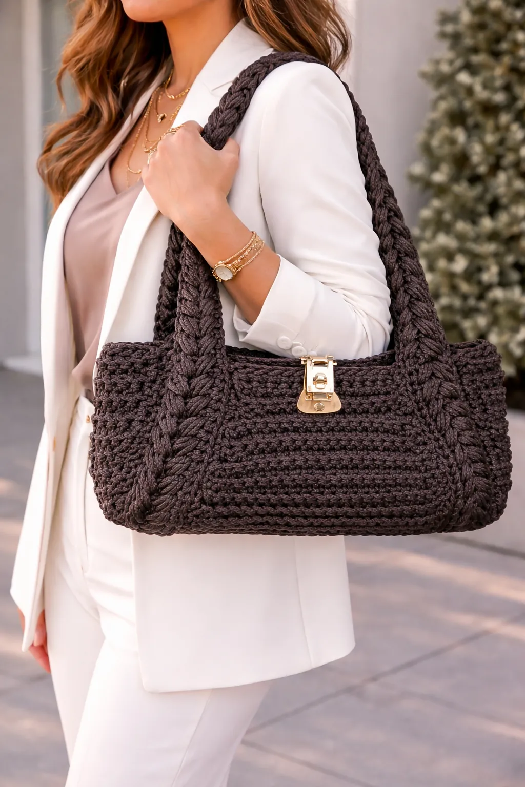 Modelo con cartera de crochet oscura Rêve Atelier