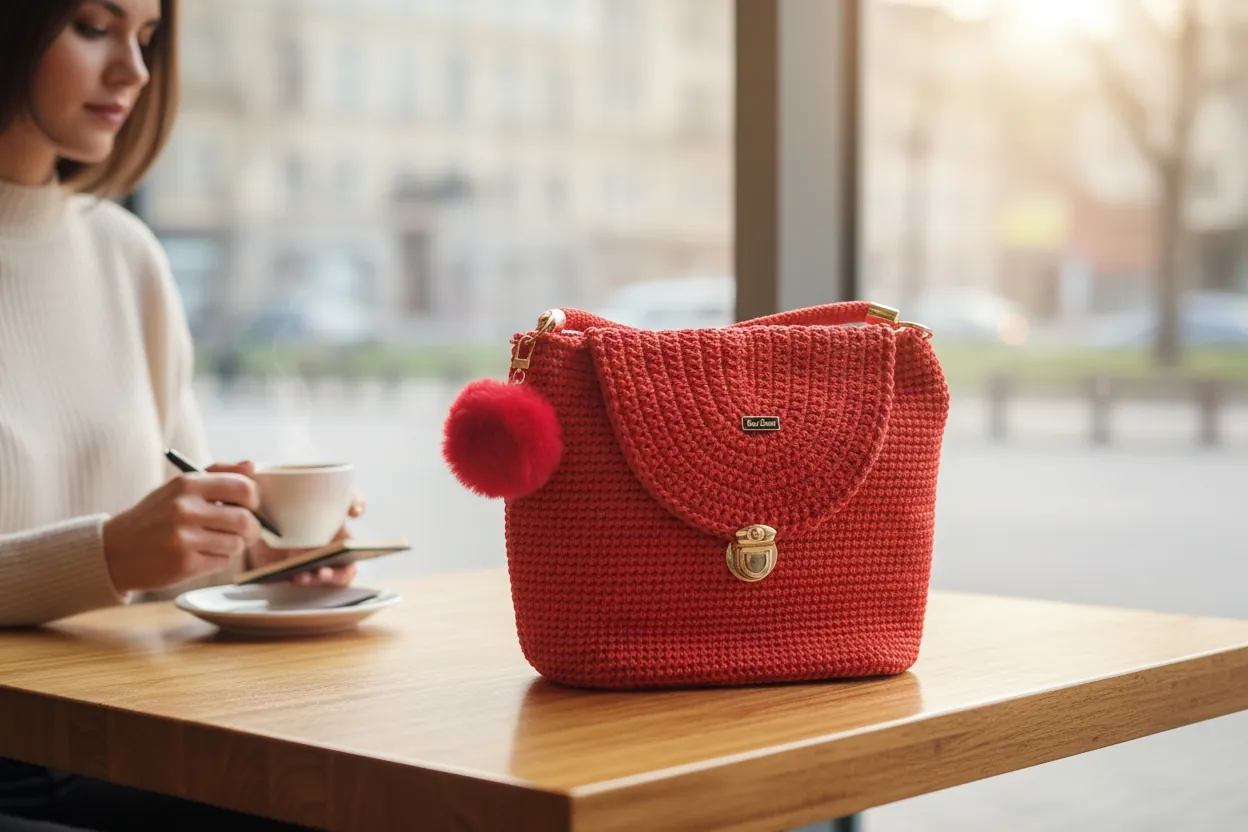 Detalle de la cartera Milano Borgona en crochet artesanal