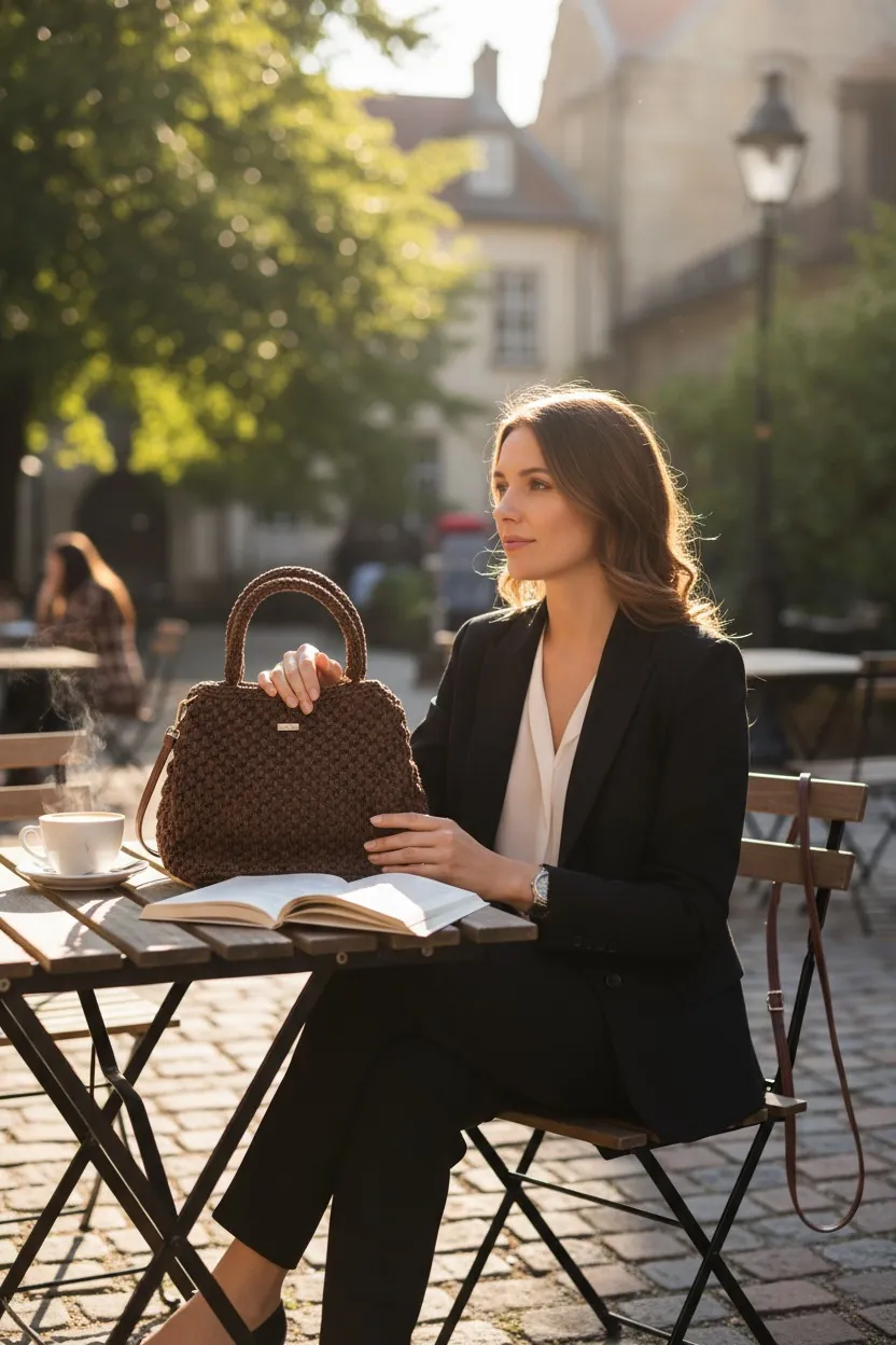 Cartera Patagua, mujer en café con cartera